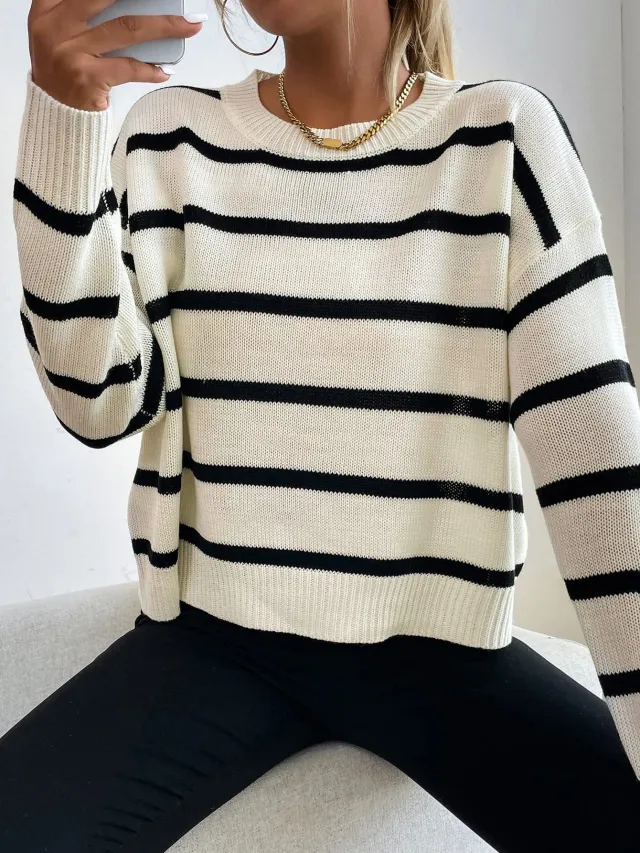 Striped Knitted Round Neck Pullover Multicolor Sweater Black - Shop at LoveMi