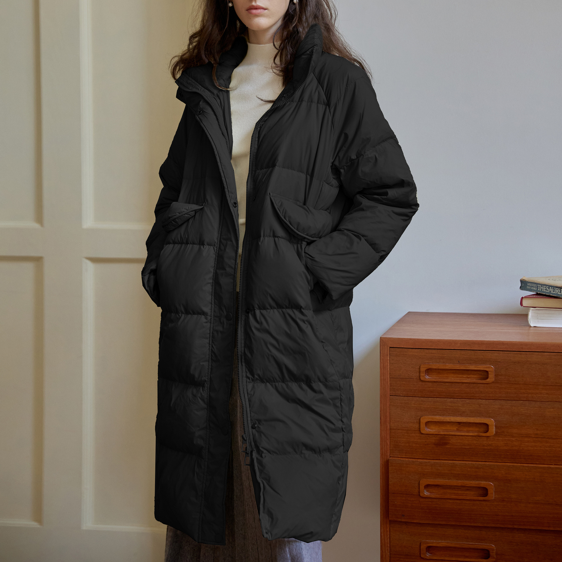 冬季白鸭绒面包服24冬季新款加长款过膝保暖外套半高领羽绒服现货