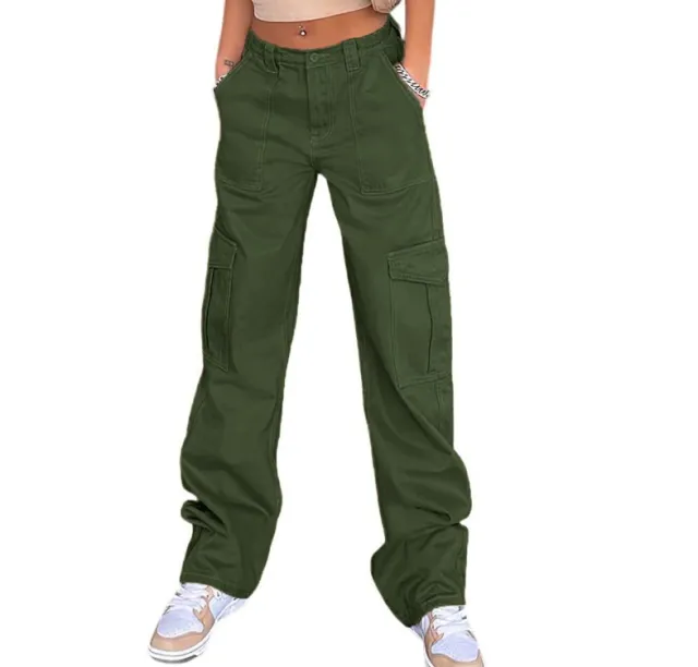 Stylish Multi pocket Workwear Straight leg Trousers High Waist Jeans Army Green - Shop at LoveMi