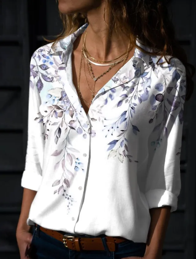 New Solid Color Flower Branch Classical Elegant Printing 3D Digital Loose Cardigan Women's Long sleeved Blouse B25Sltha240216R - Shop at LoveMi