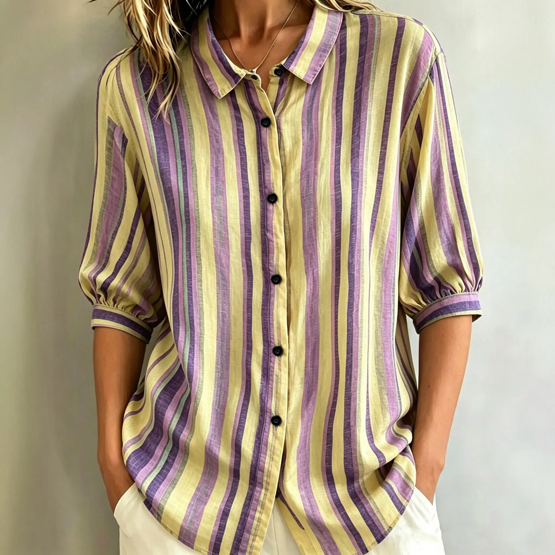 Contrast-color Striped Three-quarter-sleeve Top