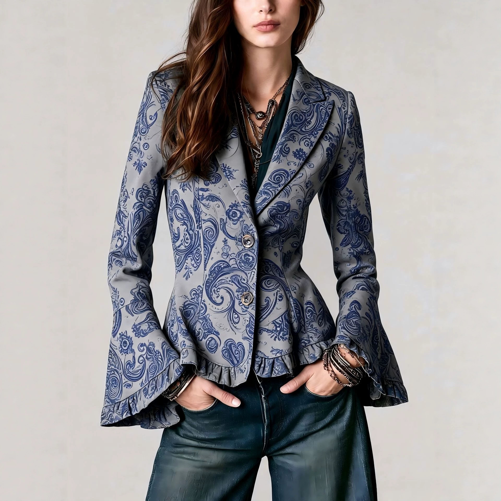 Suit Slim-fit Printed Jacquard Retro Long Sleeve
