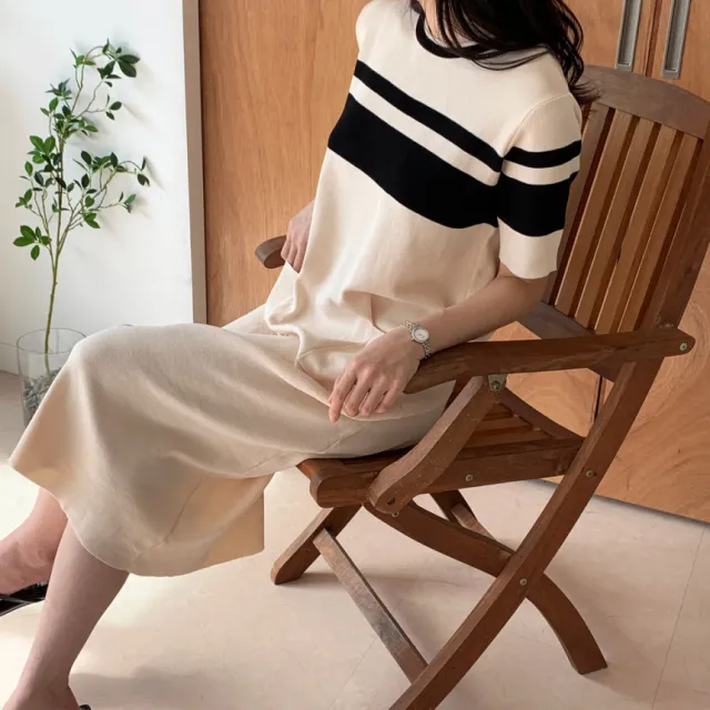 Summer Straight Korean Style Color Matching Knitted Dress Women Apricot - Shop at LoveMi