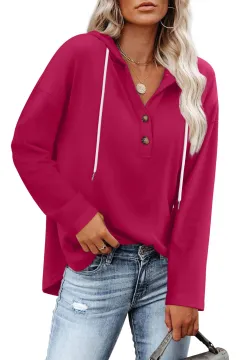 Women's Top V-neck Buttons Long-sleeved Sweater Shirt - Rose - View 1