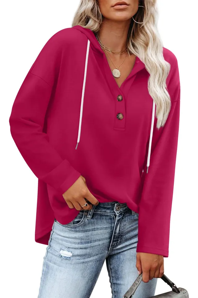 Women's Top V neck Buttons Long sleeved Sweater Shirt Rose - Shop at LoveMi