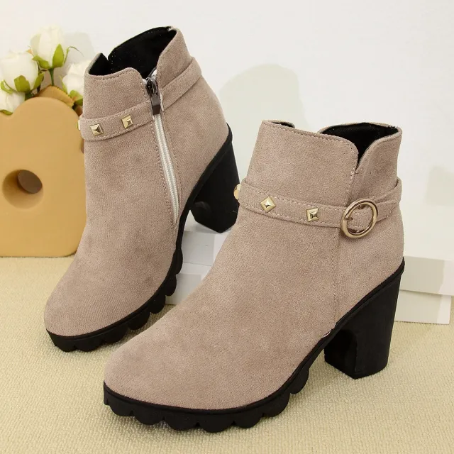 High Heel Women's Chunky Heel Round Toe Side Zipper Ankle Boots Apricot - Shop at LoveMi
