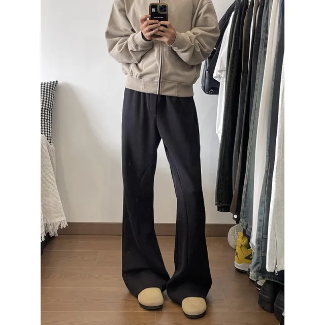 Light Gray Autumn Stitching Design Sense Flared Trousers Black - Shop at LoveMi