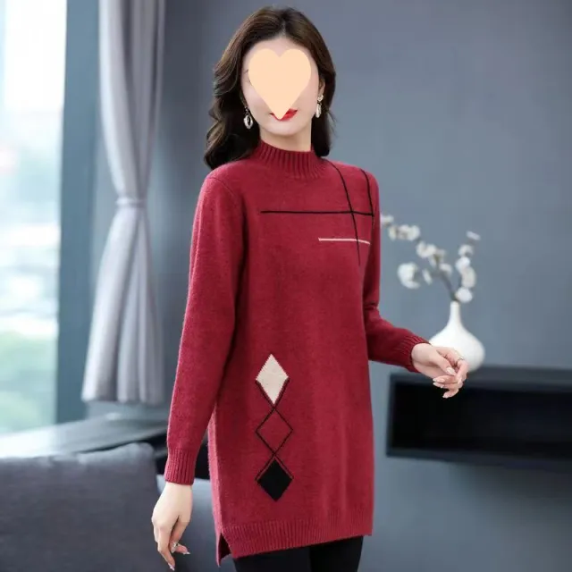 Half Turtleneck Western Style Mom Mid length Sweater Red - Shop at LoveMi