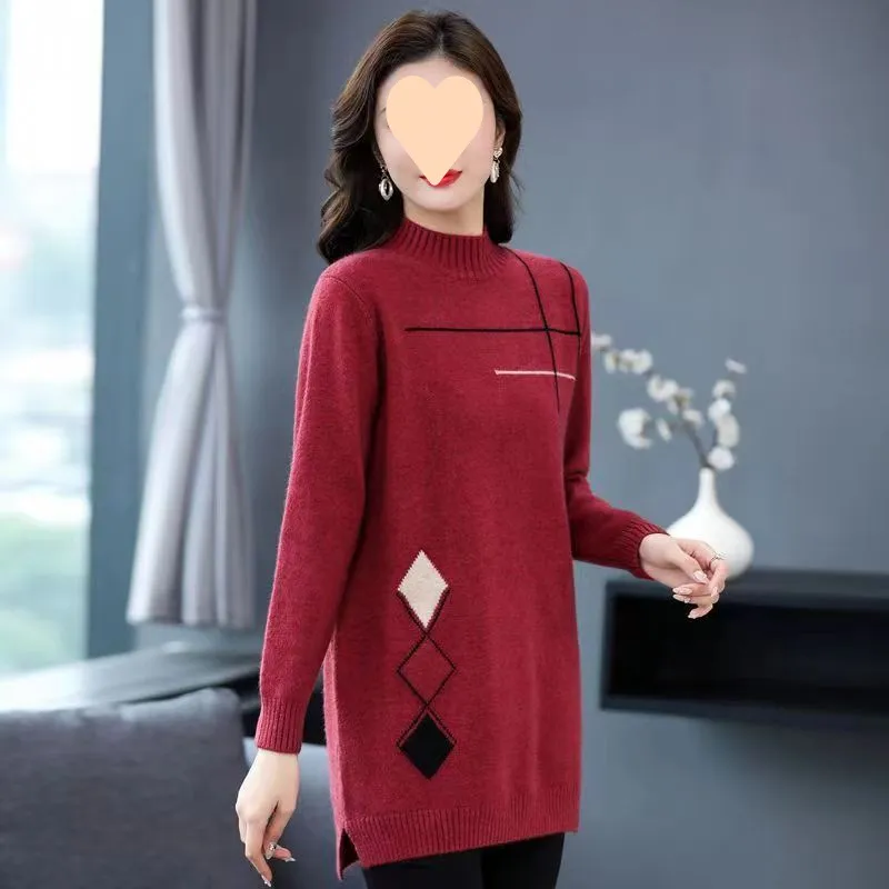 Half Turtleneck Western Style Mom Mid-length Sweater - Red