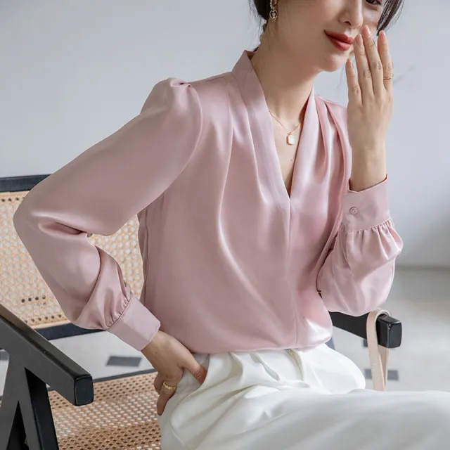 V neck Shirt Women's Design Acetate Satin Simple Graceful Top Pink - Shop at LoveMi