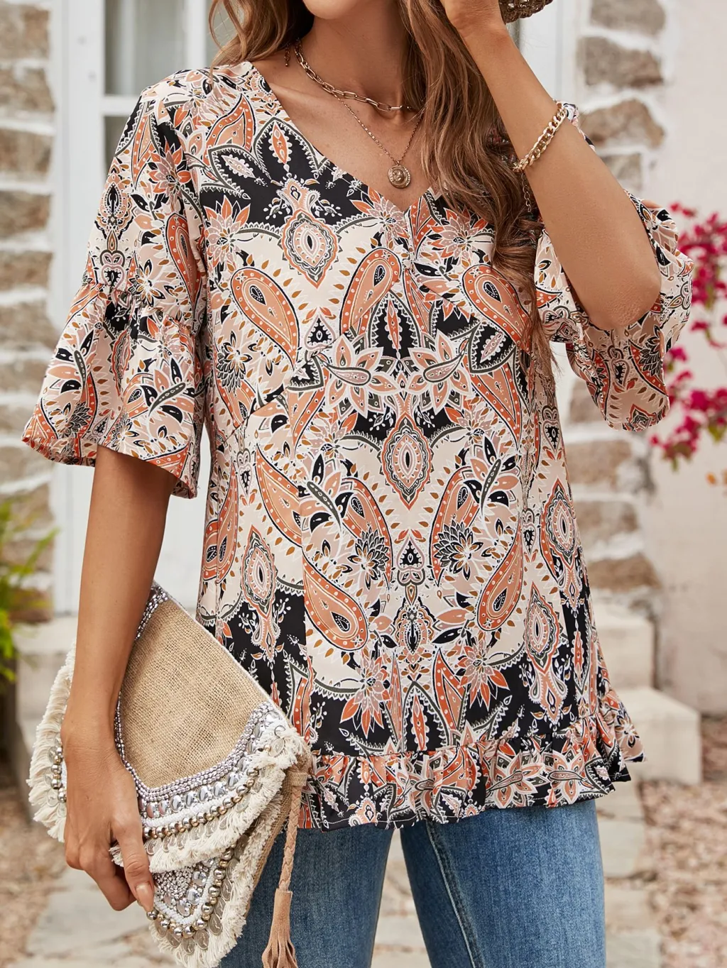 V-neck Printed T-shirt Casual Bell Sleeve Top - Black