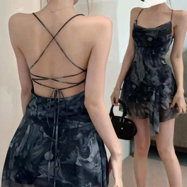 Stylish Womens Backless Asymmetrical Printed Slip Dress Picture Color S - Shop at LoveMi