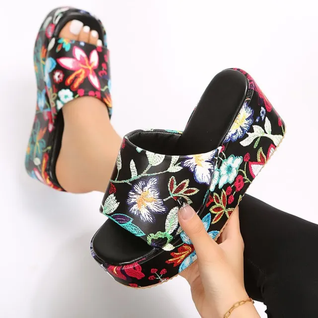 New Round Toe Wedge Embroidered Classic Embroidery Slippers For Women Red - Shop at LoveMi