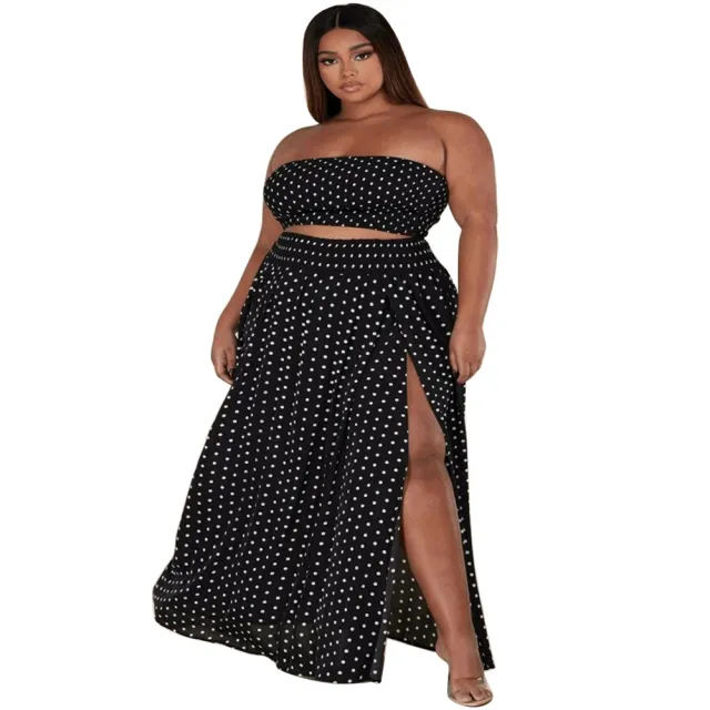 Fashionable Plus Size Polka Dot Printed Backless Casual Two Piece Set Black - Shop at LoveMi