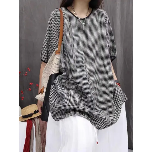 New Vintage style Loose fitting Oversized Artistic Top Plaid Casual Versatile Mid sleeve Shirt Small Plaid - Shop at LoveMi