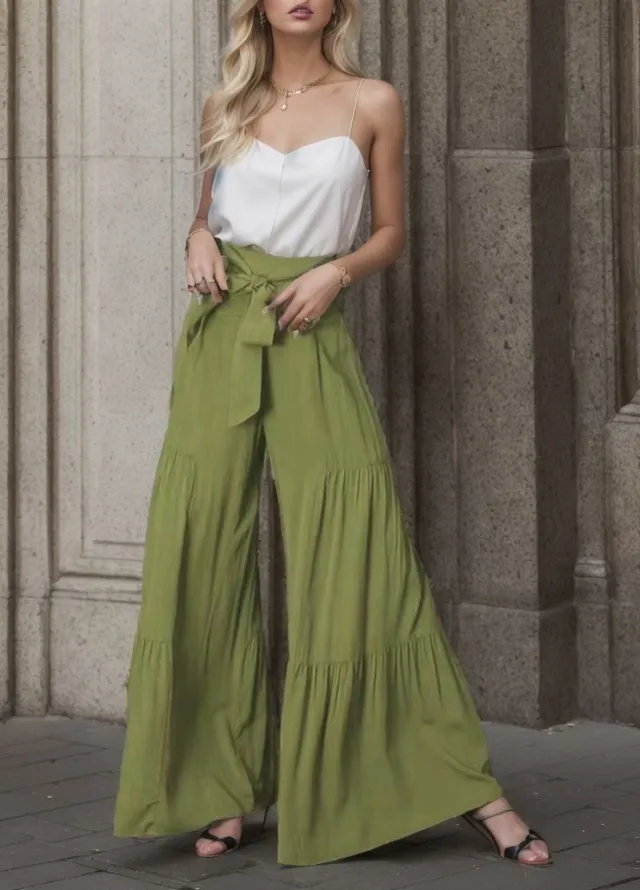 Women's Fashion Tie Elastic Waist Pleated Wide leg Pants Army Green - Shop at LoveMi