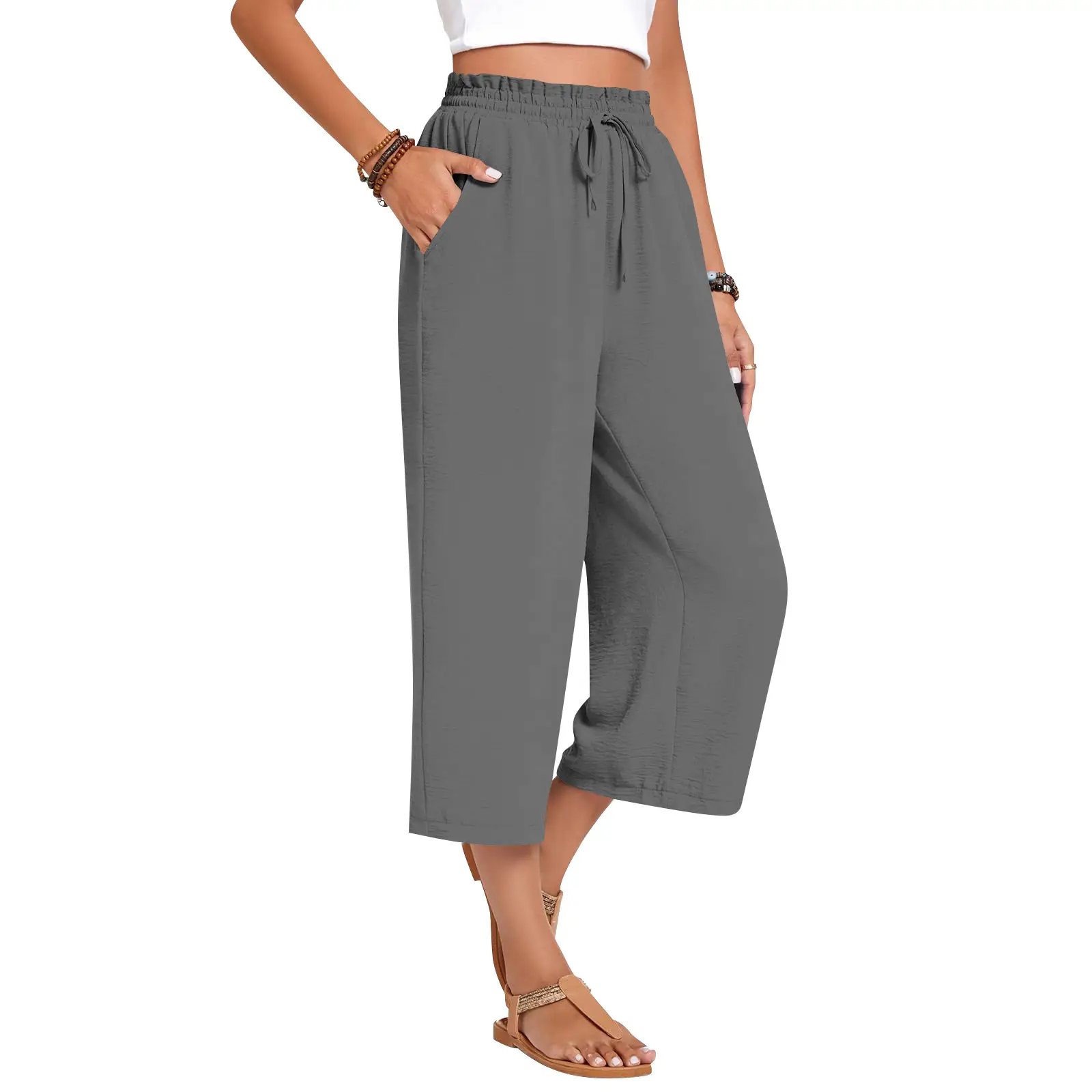 Solid-color Elastic-waist Drawstring Loose-fitting Wide-leg Pants