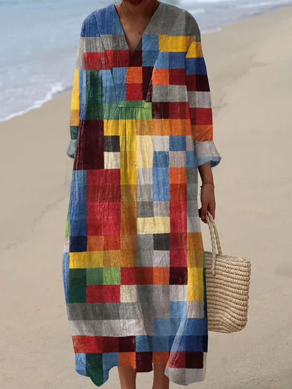 Retro V-neck Bohemian-print Loose-fitting Dress