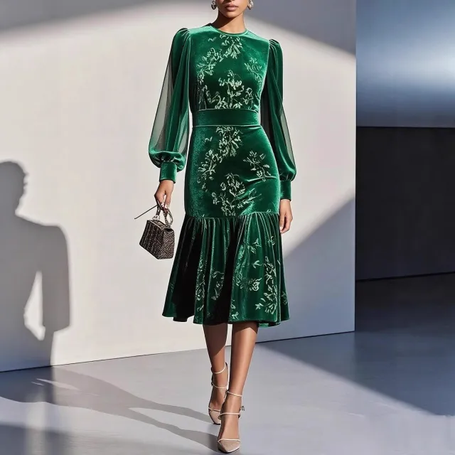 Womens Autumn Winter Caramel Velvet Mermaid Dress Green - Shop at LoveMi