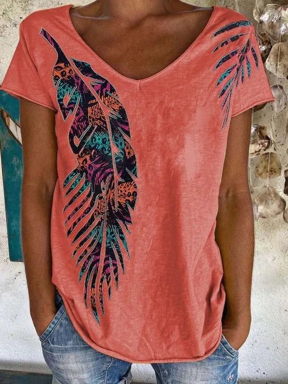 Women's Summer Casual Color Loose Sports Style 3D Printed Short Sleeve V neck T shirt F169Z560 3Xl - Shop at LoveMi