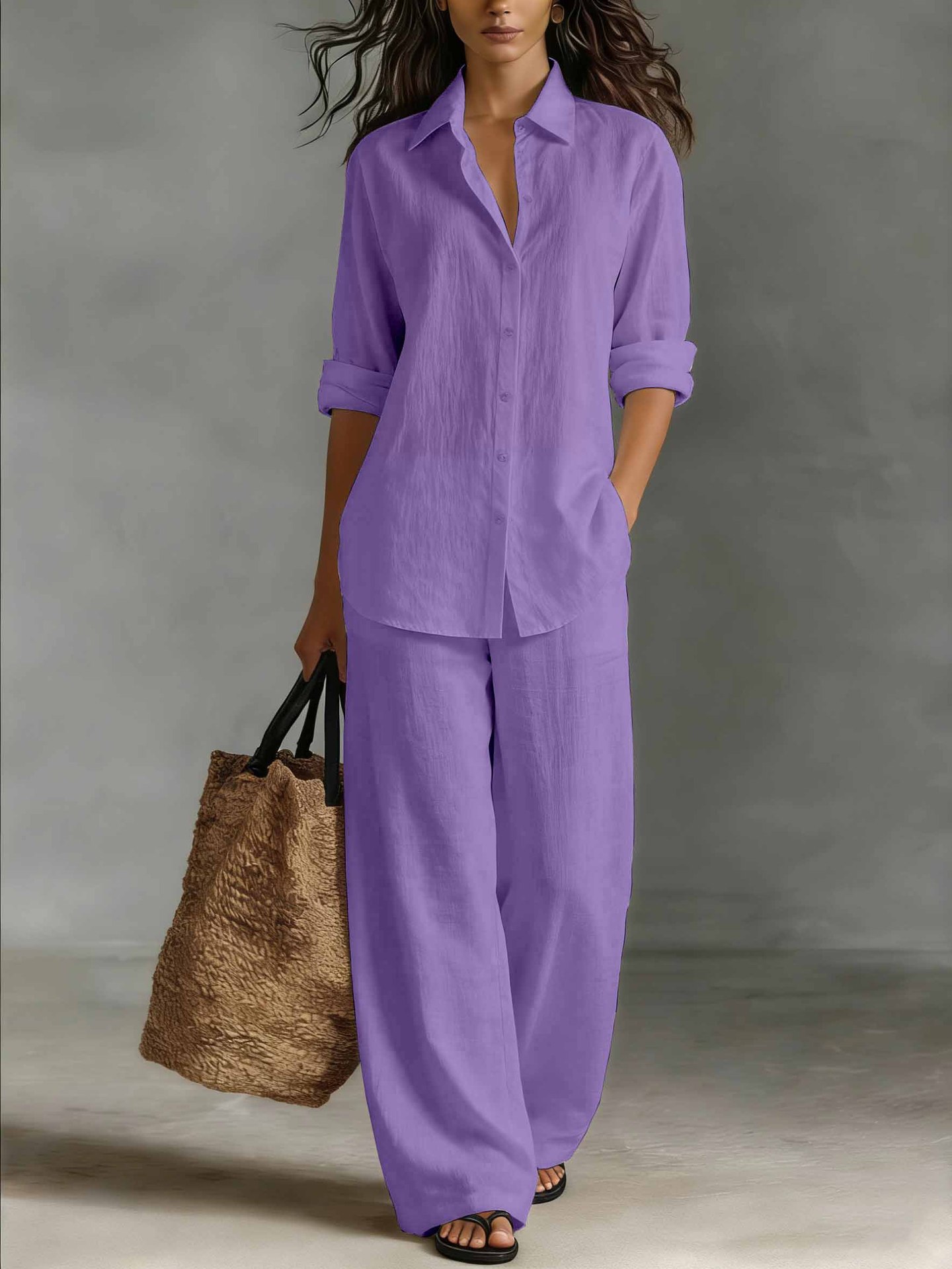 Women's Bohemian Cotton-Linen Co-ord Set in Purple – front view