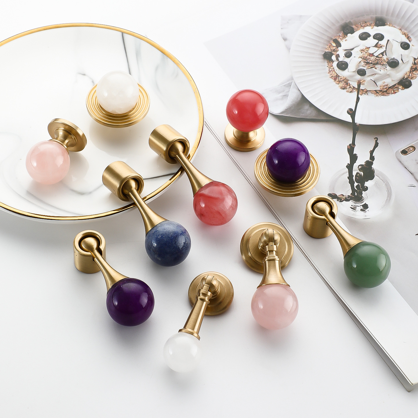 Natural Stone Handle Brass Base Jade Single-hole Drawer And Wardrobe Knob