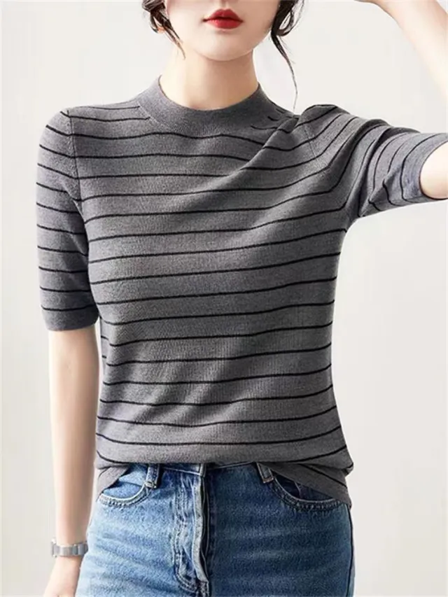 Round Neck Shoulder Top Short Sleeve Classic Contrast Color Vintage Stripe Sweater Gray - Shop at LoveMi