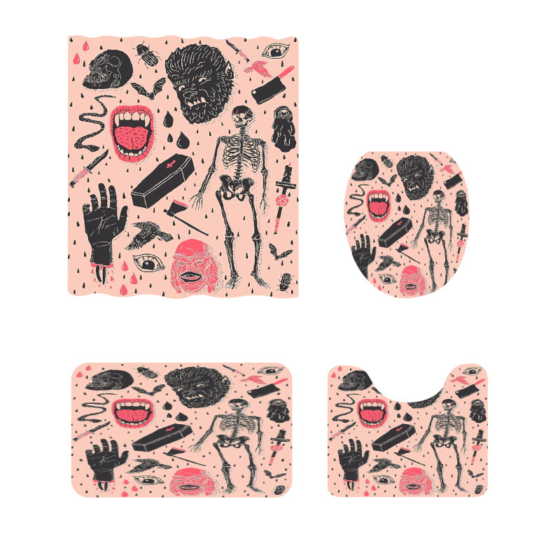 Halloween Skull Bat Digital Printing Polyester Waterproof Shower Curtain Four-piece Set