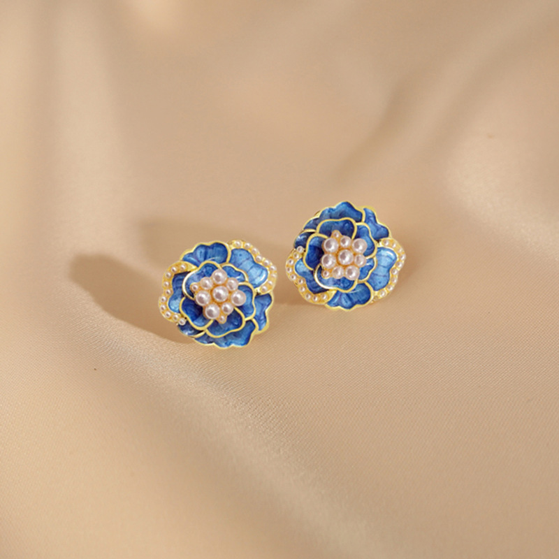 Sterling Silver Needle High-grade Temperament Camellia Pearl Ear Studs
