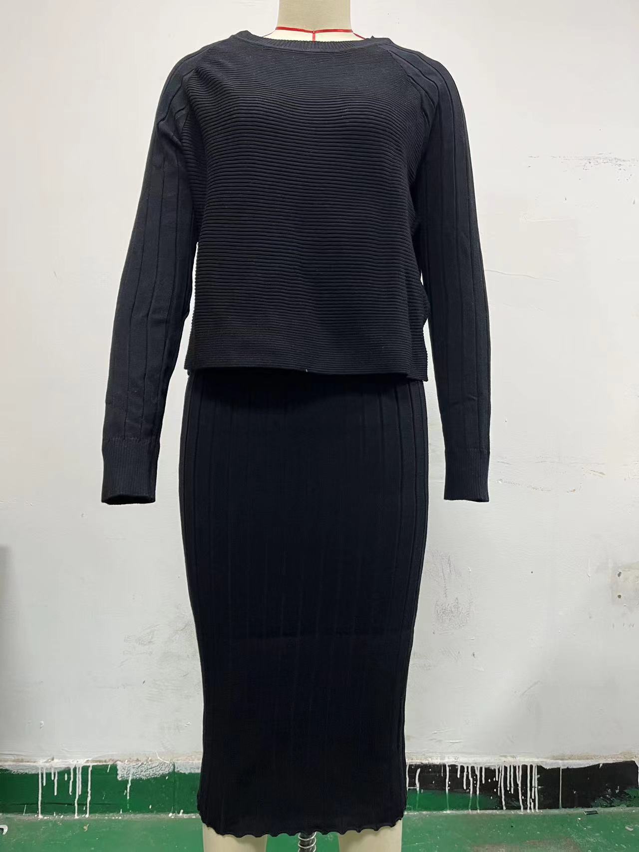 Sunken Stripe Long sleeved Top Suspender Skirt Black - Shop at LoveMi