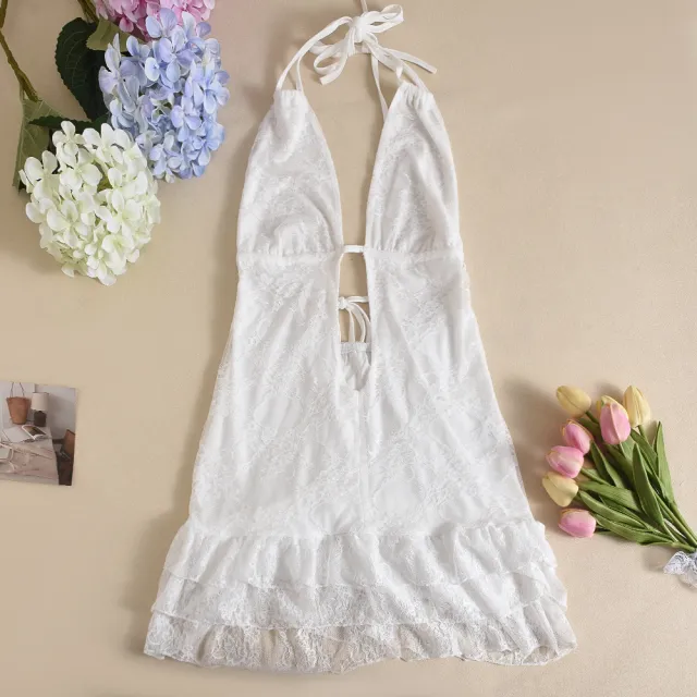 Women's Clothing Dress Lace Up Lace Cake Backless Sexy Skirt White - Shop at LoveMi