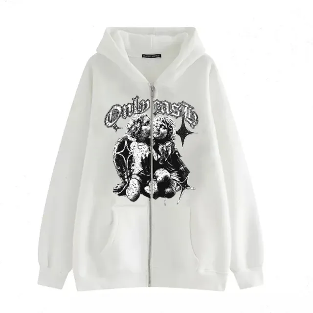 Women's Casual Hoodie Wings Angel Zipper Sweater White - Shop at LoveMi