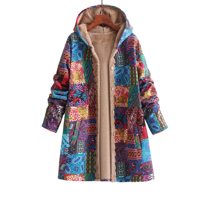 Cotton And Linen Printed Hoodie Warm Plush Coat Sky Blue - Shop at LoveMi