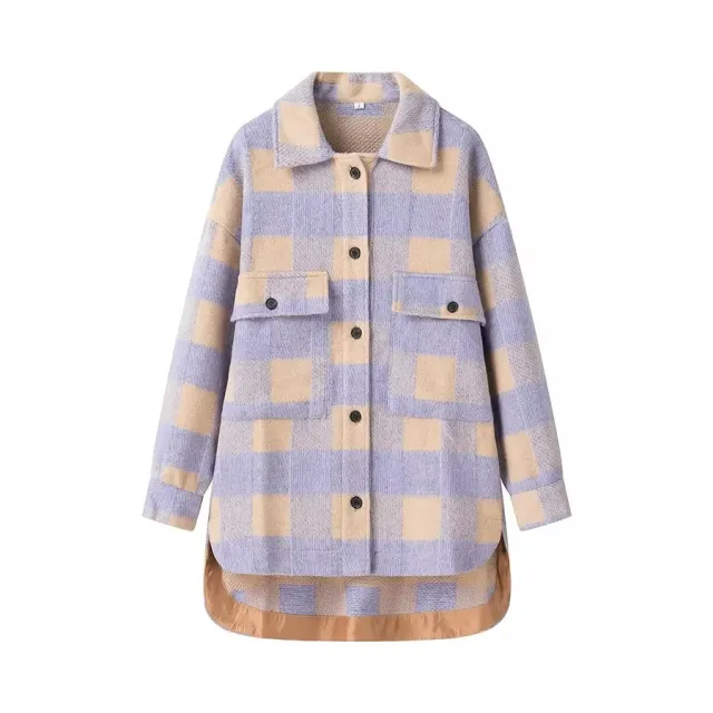 Women's Retro Plaid Loose Turn down Collar Coat Lavender Zigezi - Shop at LoveMi