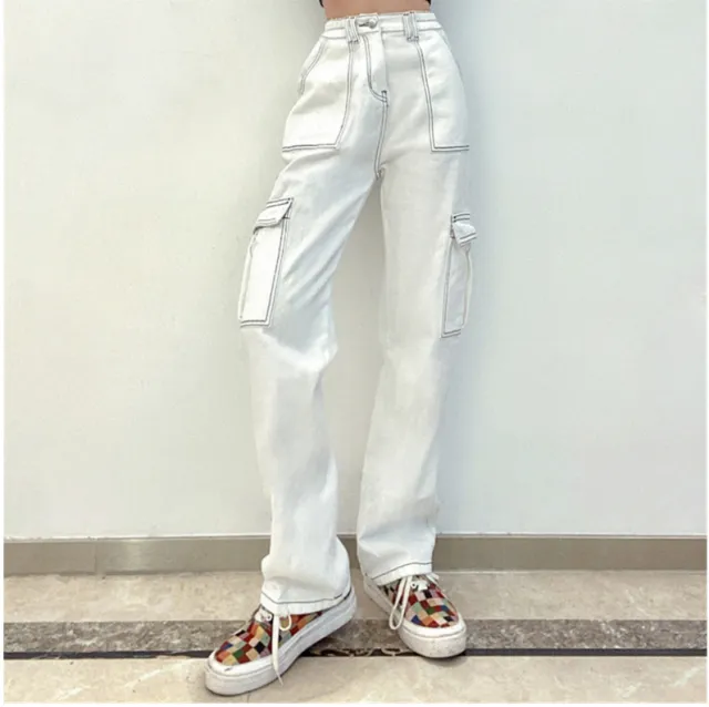 Stylish Multi pocket Workwear Straight leg Trousers High Waist Jeans White - Shop at LoveMi