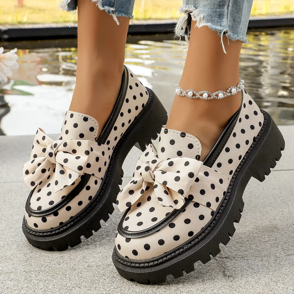 Spring New Arrival Bow-Knot Polka-Dot Casual Womens Leather Shoes