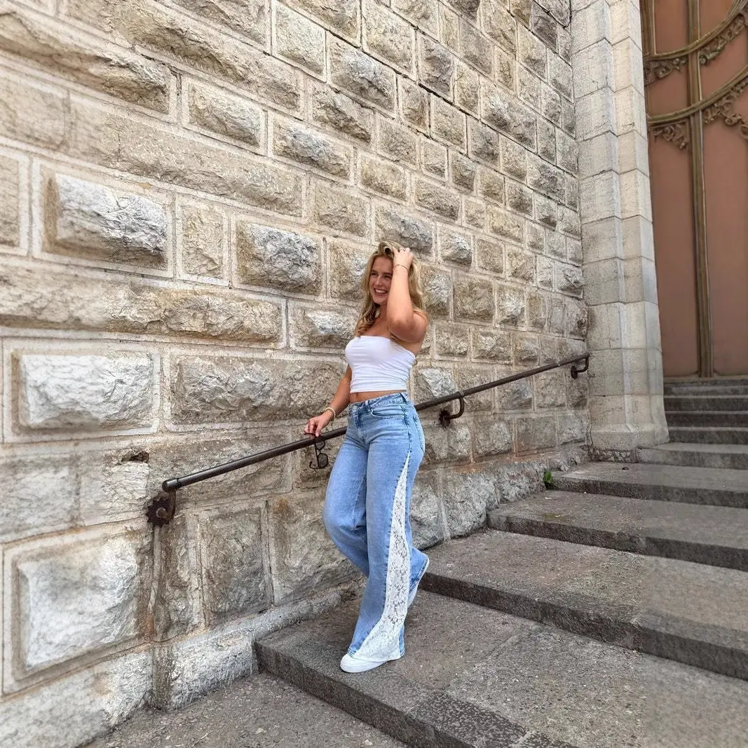 Stretch Lace Straight-leg Denim Jeans