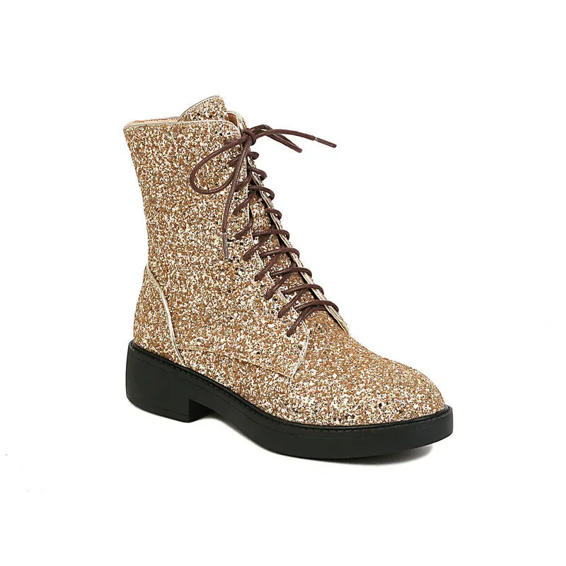 Autumn And Winter New Martin Boots Sequined Round Toe Low Heel Thick Heel Front Lace-up Women's Ankle Boots - Gold