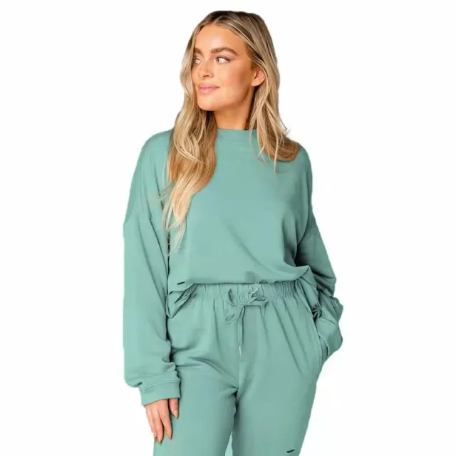 Women's Solid Color Ripped Round Neck Pullover Pants Casual Long Sleeve Sweatshirt Cotton Suit Green - Shop at LoveMi