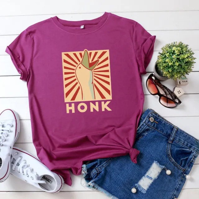 Vintage HONK Goose Print Crew Neck Casual Cotton Short Sleeve T shirt Wine - Shop at LoveMi