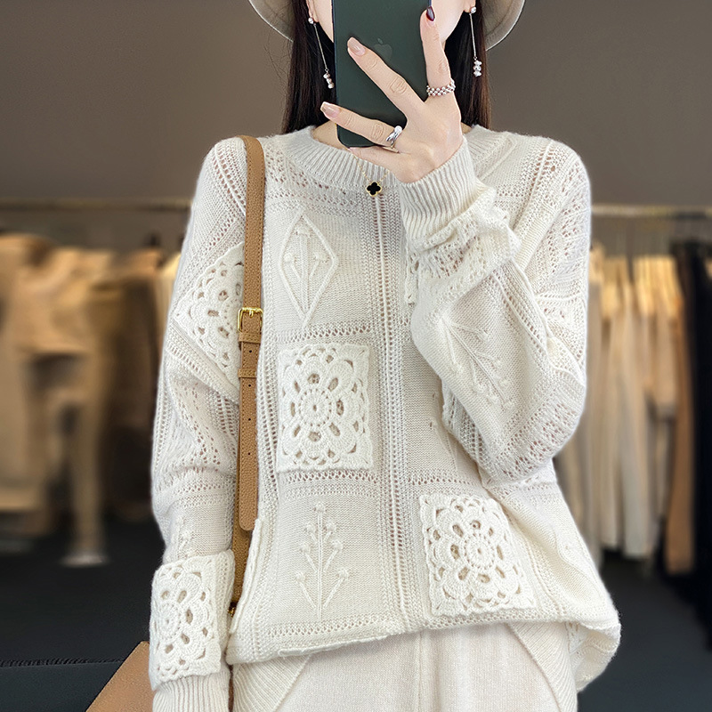 Womens Wool Crew-Neck Crochet Hollow-Out Sweater