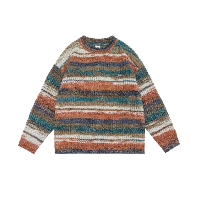 Gradient Color Trendy Round Neck Striped Knitted Sweater Blue - Shop at LoveMi
