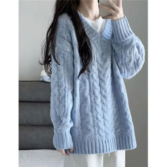 Autumn And Winter Women's Loose And Lazy Style Knitwear Top Sweater Blue - Shop at LoveMi