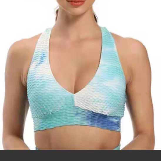 European And American Jacquard Tie dyed Bubble Yoga Jacket Fitness Sports Back Shaping Sexy Push Up Bra Women Sky Blue - Shop at LoveMi