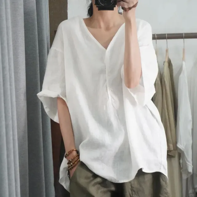 Half sleeved Casual Loose fitting Plus Size V neck Top T shirt With Short Sleeves White - Shop at LoveMi