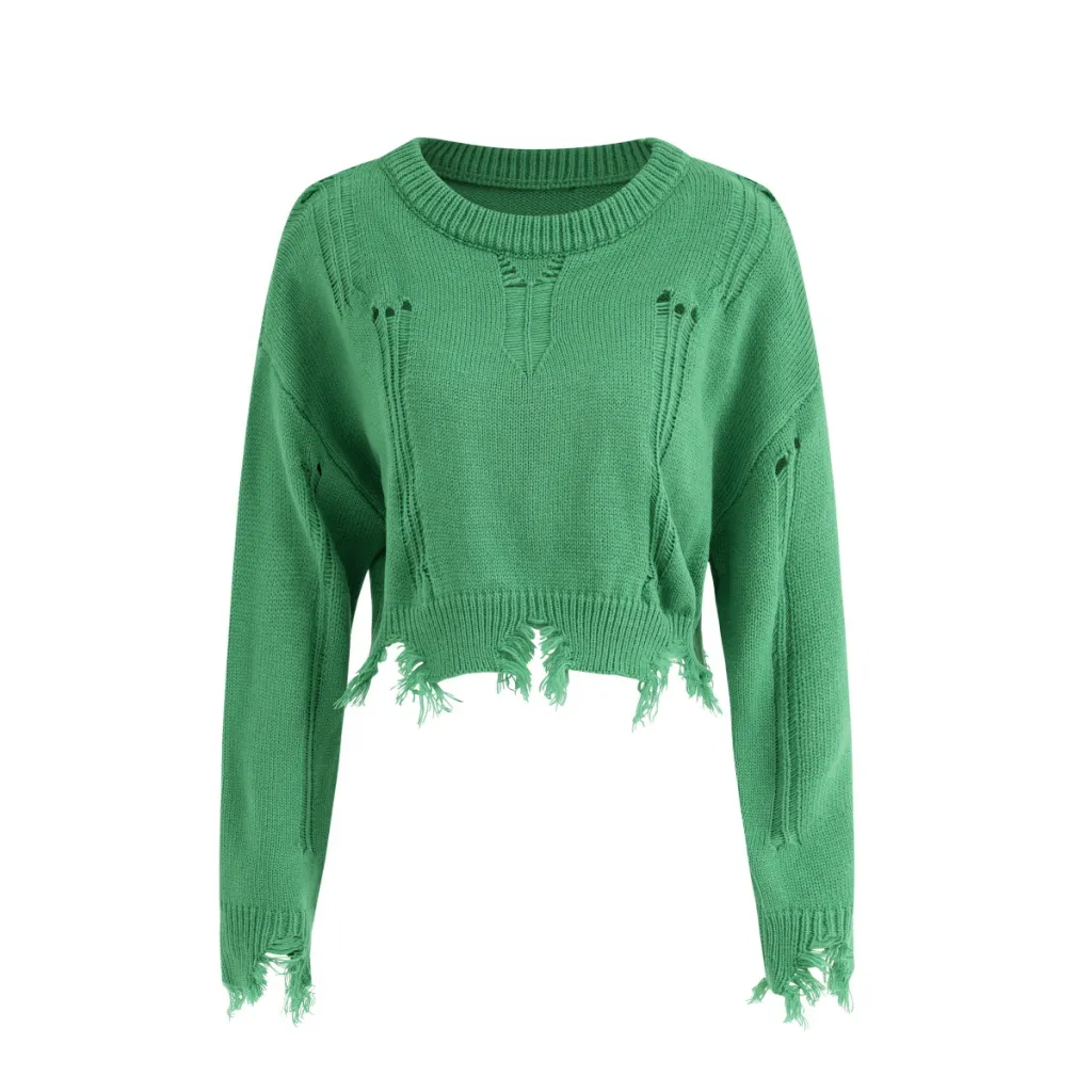 Hole Cut Irregular Special Trendy Style Short Sweater - Green