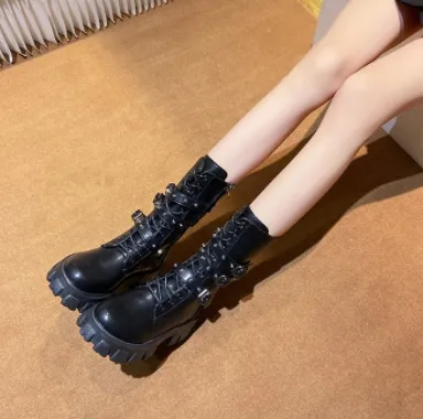European And American Mid calf Buckle Knight Boots Women Black - Shop at LoveMi