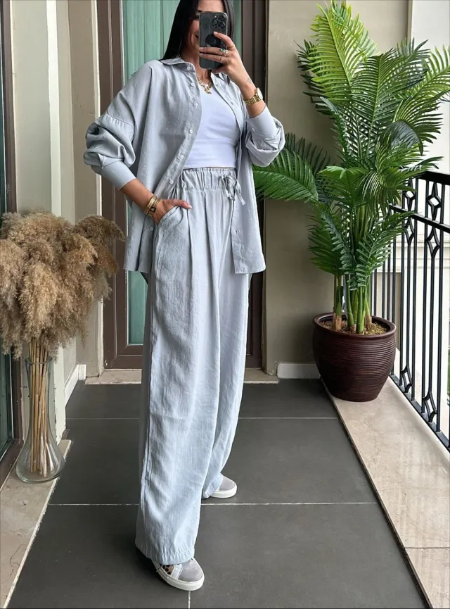 Long Sleeve Shirt Loose Two piece Pants Light Gray - Shop at LoveMi