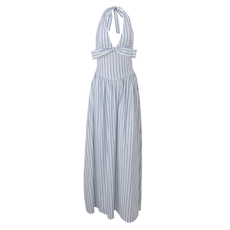 Pure Desire Style Striped Sexy V neck Bow Halter Dress Blue - Shop at LoveMi