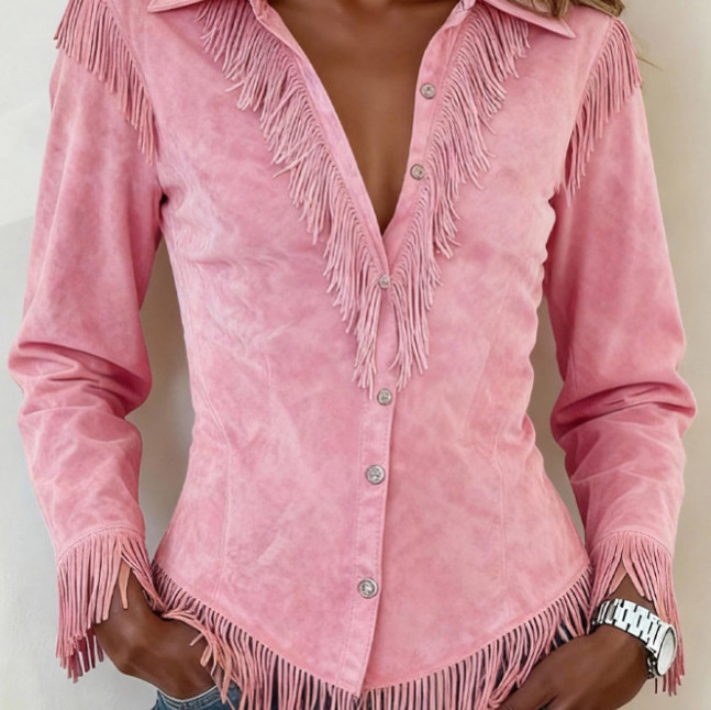 Western Cowboy-Style Suede Fringe Slim-Fit Long-Sleeve Shirt